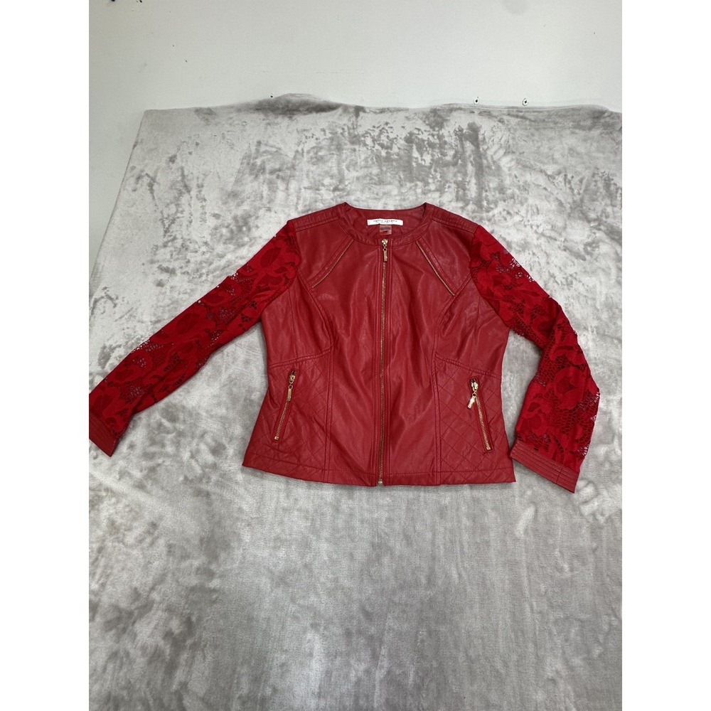Peter Nygard Jacket Women's Red Size Petite Small Faux Leather Lace Sleeve EUC